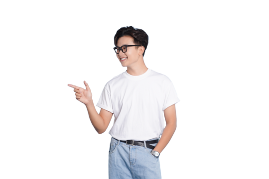 Energetic Young Man: A confident, youthful man, sporting stylish eyeglasses, a casual white t-shirt and jeans, enthusiastically gestures with his finger. - Powered by Adobe