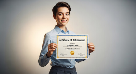Successful young professional proudly displaying achievement certificate, symbolizing dedication and excellence in corporate environment, ready for promotion