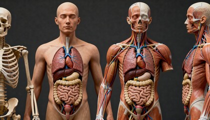 Detailed 3D models showcasing various layers of human anatomy, including skeleton, internal organs, and musculature.