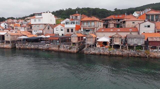 Aerial of Combarro Village with Horreos on Ria de Pontevedra, Galicia
