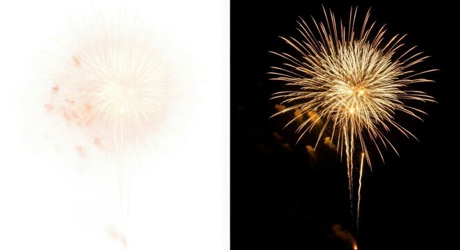 Split image contrasting soft pink fireworks against a white background and a golden burst in the night sky