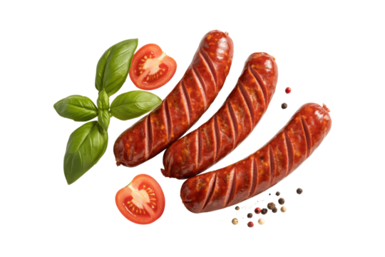 Grilled Sausages With Tomatoes And Basil isolated on a transparent background