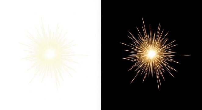 A side by side comparison of a bright sparkler against a white and black background