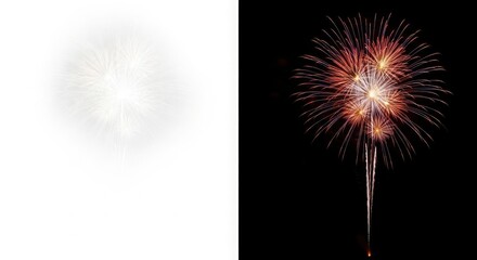 Split image contrasting a bright full moon with a vibrant fireworks display