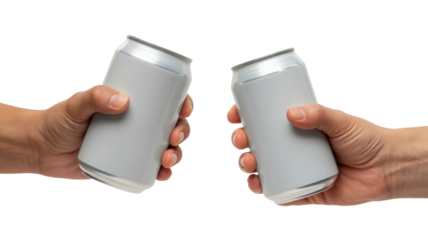 Hands holding blank silver cans isolated on a transparent background