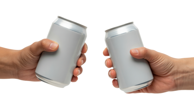 Hands holding blank silver cans isolated on a transparent background