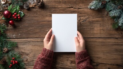 A person holds a blank card, an invitation to share a holiday cheer and create cherished memories. ..Created with Generative AI, not depicting real subjects.