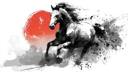 Chinese New Year Abstract Art Featuring a Black Horse on a Red Background in Watercolor