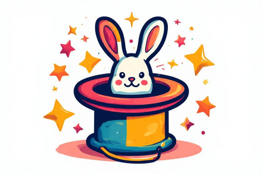 A cartoon rabbit emerging from a colorful magician's hat, surrounded by stars.