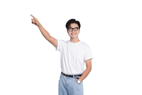 Confident Presentation: A young, casually dressed man, radiates positivity as he confidently points towards a desired direction. His attire, simple yet neat.