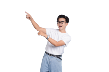 Youthful Enthusiast: A young man with eyeglasses, clad in a plain tee, points with a smile, showcasing the pure essence of joy, wonder, and dynamic positive energy.