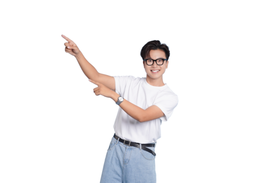 Expressing Direction and Enthusiasm: A person with glasses points with both hands, wearing a white t-shirt and jeans. Capturing the gesture of showing a direction