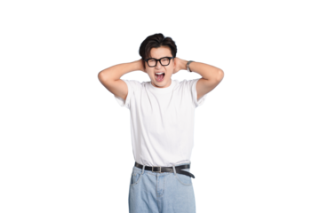 Stressed Out: A young individual with eyeglasses is covering their ears and yelling, they appears to be overwhelmed by stress and frustration