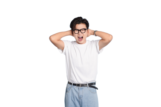 Stressed Out: A young individual with eyeglasses is covering their ears and yelling, they appears to be overwhelmed by stress and frustration