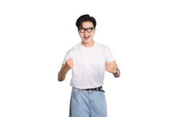 Joyful Triumph: A young man embodies pure exuberance, his eyes sparkling with delight as he celebrates a hard-won victory.