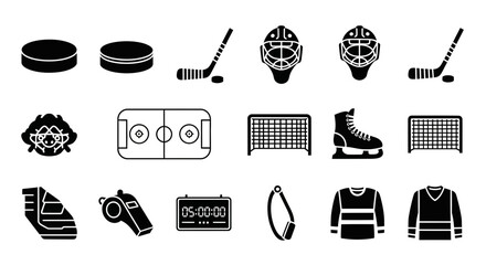 A collection of black and white vector icons representing ice hockey equipment and elements, including pucks, sticks, a rink, a goalie mask, and a jersey.