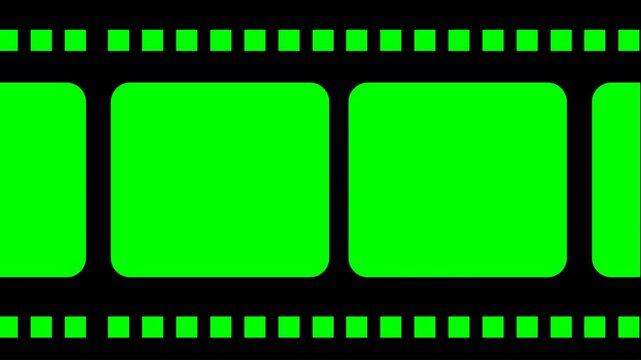 Film Strip Looping animation Green Screen background. Vintage Film Strip Frame Loop Animation. Old Movie Film Reel Border with Retro Film Grain Effect. Horizontal vintage film strip overlay animation