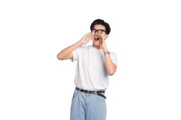 Vocal Announcement: A young man, filled with enthusiasm, uses both hands to amplify his voice in a clear shout. Capturing a moment of loud proclamation and expressive communication.