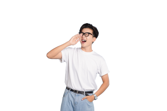 Youthful Shout: An energetic young man wearing spectacles, stands confidently, vocalizing an announcement to the world. A depiction of dynamic communication and clear articulation.