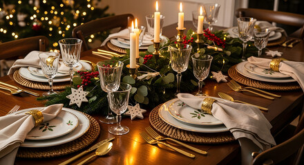 Warm Christmas dinner celebration with glittering candles and festive decor creates a cozy, inviting atmosphere for holiday gatherings and memorable moments