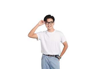 Fototapeta premium Smiling Spectacle: A young man exudes a confident and approachable charm, gesturing towards his eyeglasses with a subtle touch, portraying intelligence and friendly demeanor.