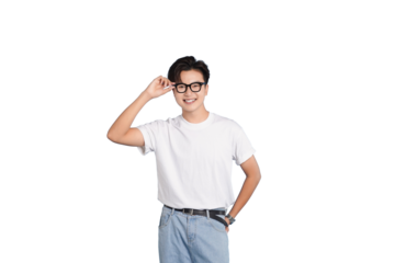 Smiling Spectacle: A young man exudes a confident and approachable charm, gesturing towards his eyeglasses with a subtle touch, portraying intelligence and friendly demeanor.