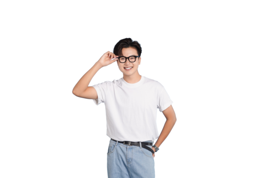 Smiling Spectacle: A young man exudes a confident and approachable charm, gesturing towards his eyeglasses with a subtle touch, portraying intelligence and friendly demeanor. - Powered by Adobe