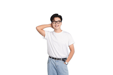 Fototapeta premium Smart and Casual: A young man exudes a relaxed confidence in a simple yet stylish ensemble of a white tee and blue jeans. This portrait captures the essence of youthful charm and understated fashion.