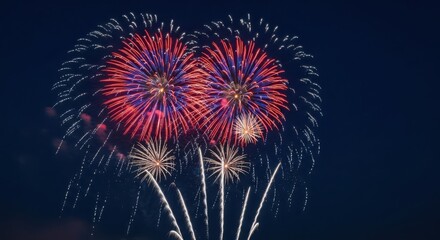 Vibrant heart shaped fireworks display illuminates the night sky with explosive colors