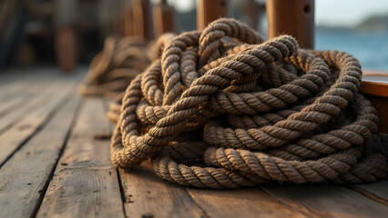 Fototapeta premium Coiled ropes on a ship deck. Importance of coiled ropes for safety. How to properly coil ship ropes. Best practices for managing ship deck lines.