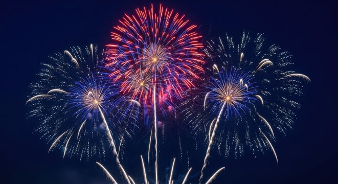 Vibrant fireworks explode in a dazzling display against the dark night sky
