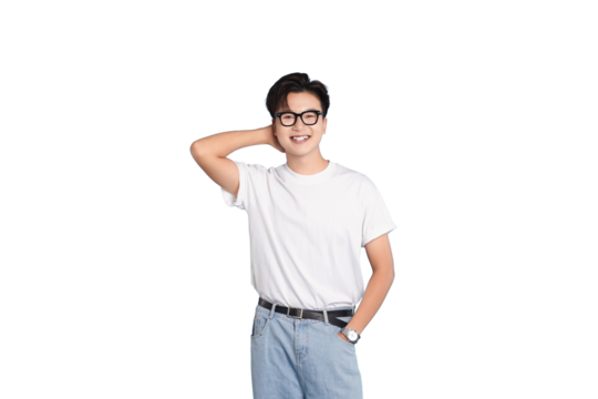 Smart and Casual: A young man exudes a relaxed confidence in a simple yet stylish ensemble of a white tee and blue jeans. This portrait captures the essence of youthful charm and understated fashion.