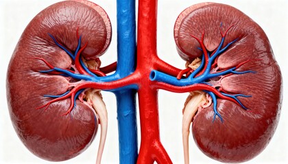 Anatomical illustration of human kidneys with major blood vessels and ureters, depicting the vital organs of the excretory system.