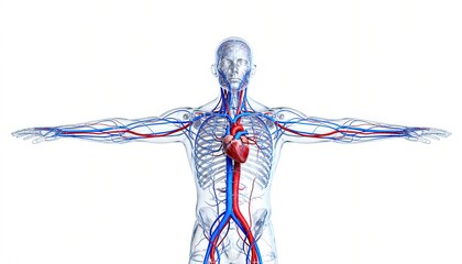 Detailed 3D rendering of the human circulatory system, showing arteries, veins, and the heart within a transparent body.