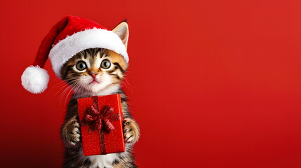 A cute cat in a Santa hat holding a gift box against a red background with copyspace
