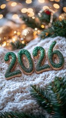 Cute Glitter Number Cookies on Knitted Background