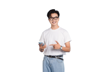 Joyful Interaction: A young man, filled with youthful energy and modern style, is immersed in a moment of technological engagement, showcasing a contemporary lifestyle.