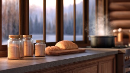 Obraz premium Cozy kitchen scene with fresh bread on a wooden board, jars of ingredients, and steaming pot by the window