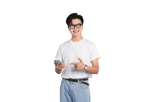 Joyful Interaction: A young man, filled with youthful energy and modern style, is immersed in a moment of technological engagement, showcasing a contemporary lifestyle.