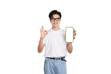Tech Savvy Approval: A young individual, radiating positivity, presents a blank smartphone screen...