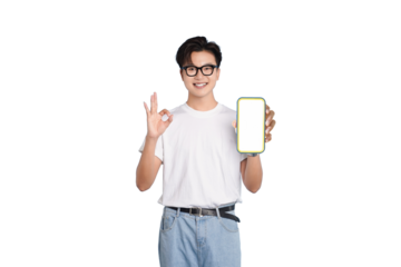 Tech Savvy Approval: A young individual, radiating positivity, presents a blank smartphone screen with an 'okay' gesture, symbolizing seamless connectivity and digital satisfaction.
