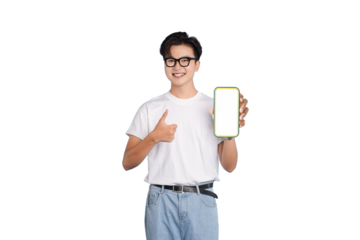 Tech-Savvy Youngster Showcasing Smart Phone: A cheerful young individual, adorned with glasses and casual attire, enthusiastically displays a smartphone, inviting attention to its features.