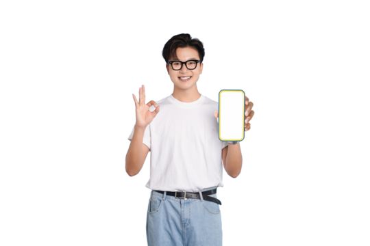 Tech Savvy Approval: A young individual, radiating positivity, presents a blank smartphone screen with an 'okay' gesture, symbolizing seamless connectivity and digital satisfaction.