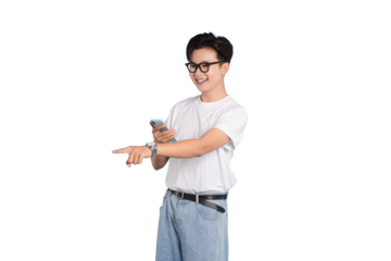 Modern Communication and Smart Technology: An enthusiastic young person, beaming with joy, engrossed in modern communication technology while pointing toward the side.