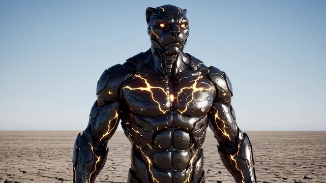 Futuristic orange and black robot in a harsh desert landscape