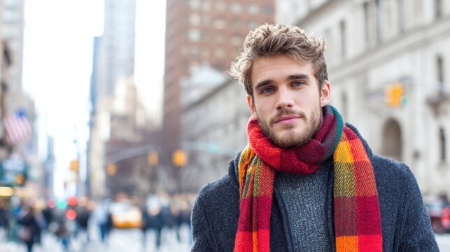 Young man in a stylish scarf stands confidently on a bustling city street with skyscrapers behind him
