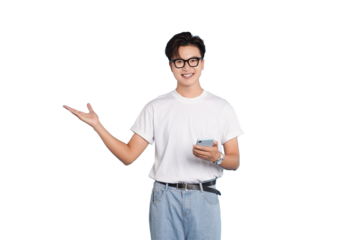 Tech-Savvy Youngster: A tech-savvy young person, dressed in casual attire, presents with their open palm, displaying the newest tech in the world.
