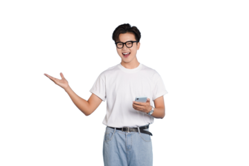 The Enthusiastic Presenter: A young, smartly dressed man with glasses gestures invitingly with one hand while holding a phone in the other, expressing openness and welcome.