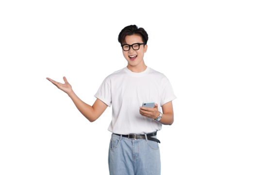 The Enthusiastic Presenter: A young, smartly dressed man with glasses gestures invitingly with one hand while holding a phone in the other, expressing openness and welcome. 