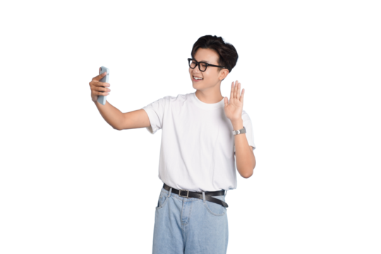 Selfie with A Friendly Greeting: A young person with eyeglasses capturing a selfie with a mobile phone and extending a welcoming hand gesture, creating a cheerful vibe.